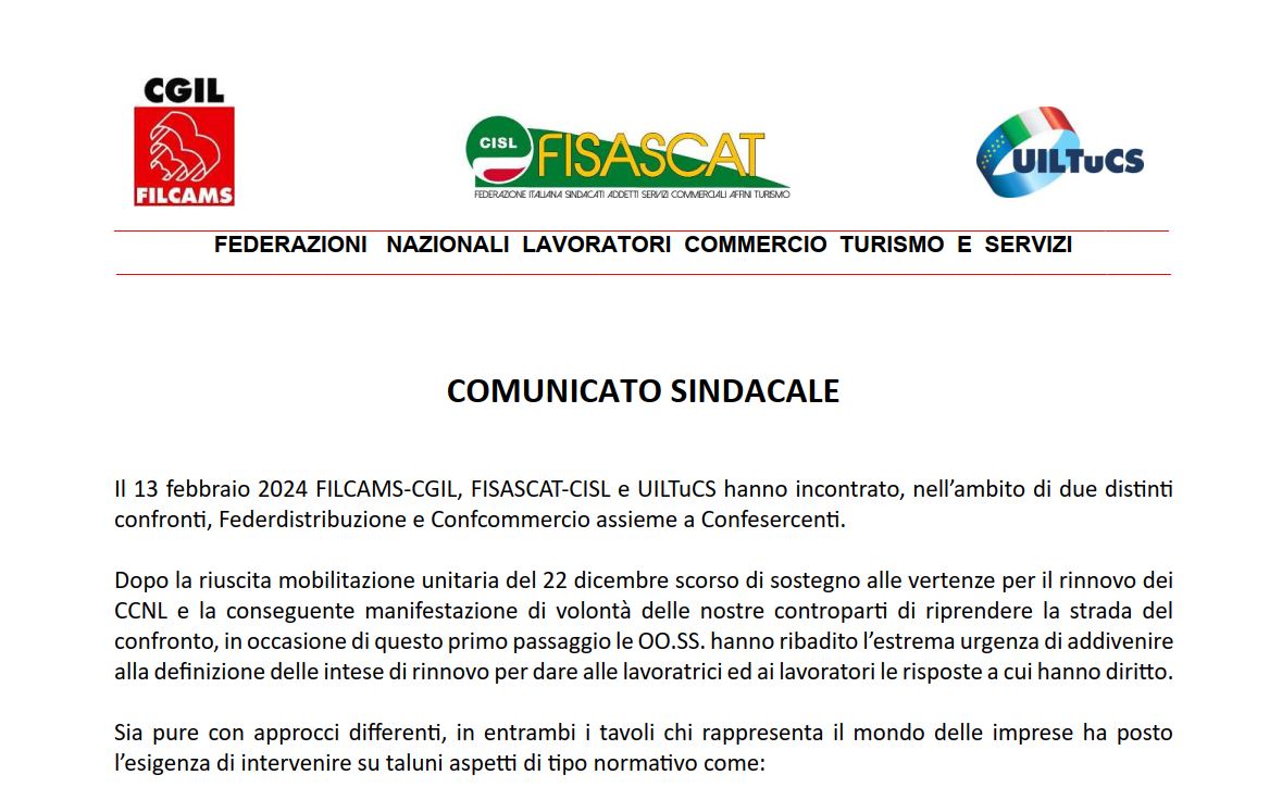 COMUNICATO SINDACALE Filcams CGIL , Fisascat CISL , Uiltucs UIL - CCNL Terziario e Servizi:  incontro del 13 febbraio con le controparti datoriali